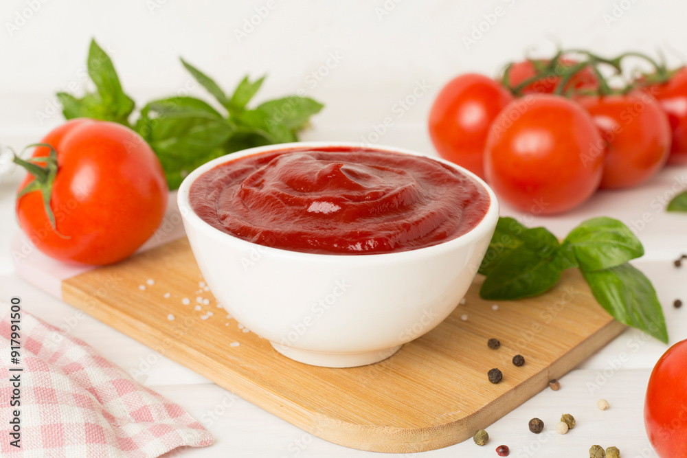 Delicious ketchup with spices and tomatoes on wooden table Delicious ketchup with spices and tomatoes on wooden table