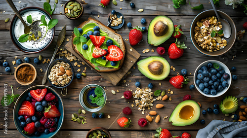 healthy food table top view featuring avocado toast, fresh fruits like strawberries and blueberries, bowls of yogurt with granola and nuts, directly above view, all arranged on a rustic wooden table.