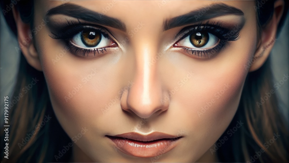 Closer view of two calm, expressive eyes with dark eyelashes and soft eyelids, gazing directly at the camera with a serene, gentle intensity. Closer view of two calm, expressive eyes with dark eyelashes and soft eyelids, gazing directly at the camera with a serene, gentle intensity.