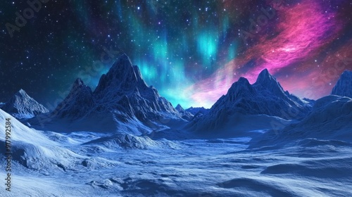 Mountainous Landscape Under a Night Sky with Aurora Borealis and Nebula