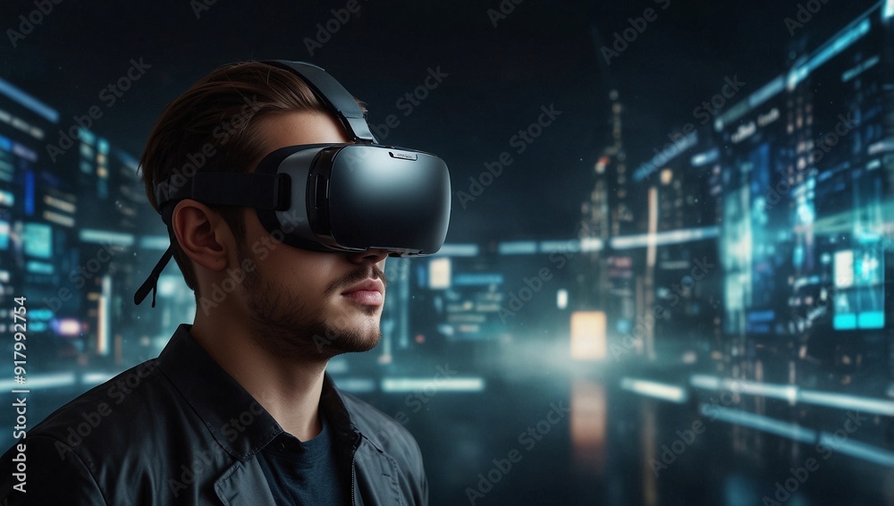photo of a man using virtual reality with a future background made by AI generative