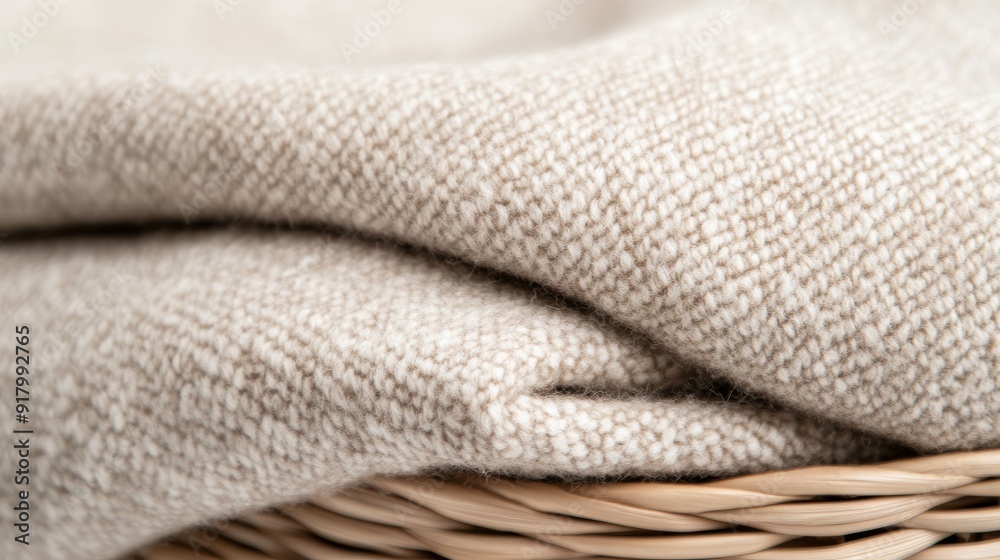 Close-up of a plush cashmere shawl folded in a basket, emphasizing the delicate weave and warm, inviting texture, perfect for cold weather comfort