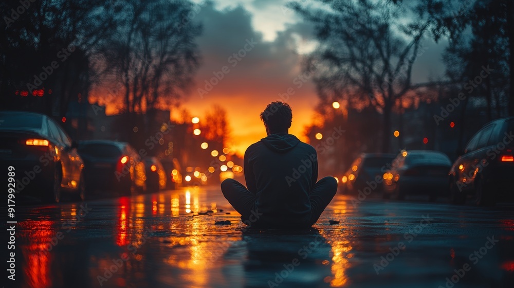 Sad Man Sitting Alone on the Ground Near a Parked Car in the Evening Generative AI Sad Man Sitting Alone on the Ground Near a Parked Car in the Evening Generative AI