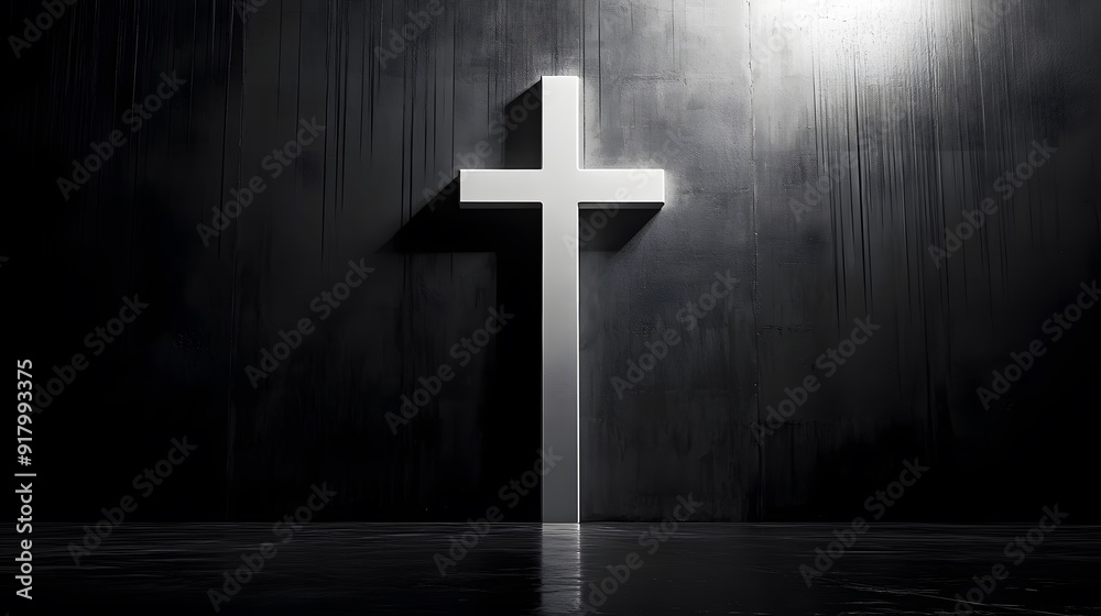 Naklejka premium Minimalist plain black background with a white cross, featuring a solid gray backdrop for product photography with soft lighting and no shadows