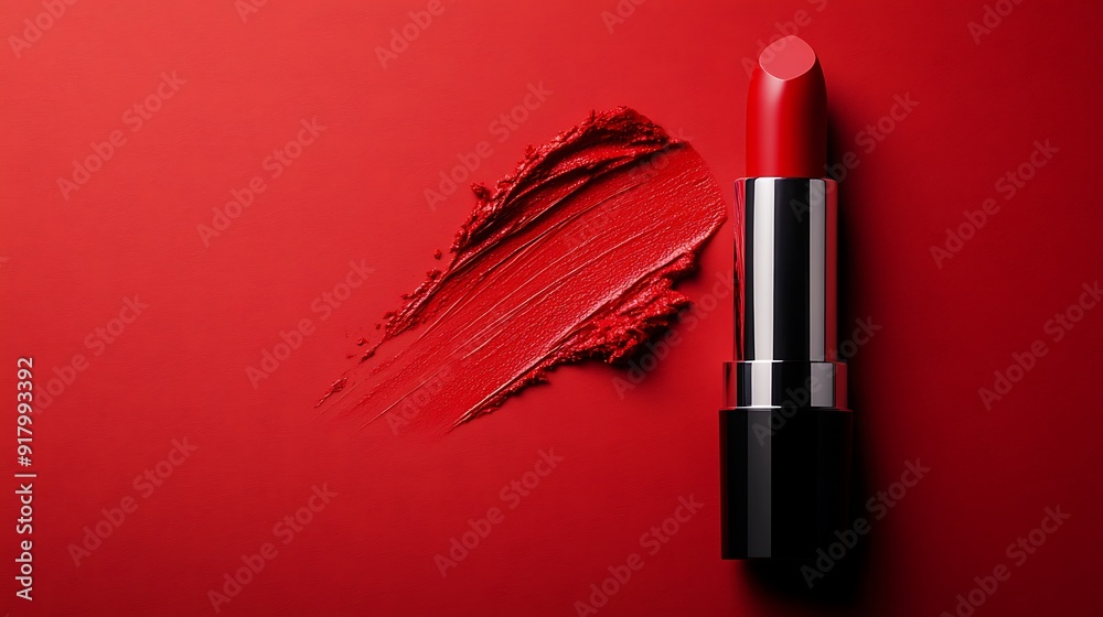 A vibrant red lipstick positioned against a matching red background, showcasing the essence of bold and vibrant makeup