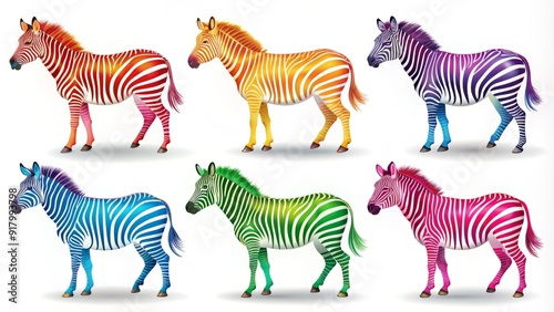 Colorful isolated zebra icons in various styles, from simple to detailed, on a white background, suitable for design, graphic, and web applications.