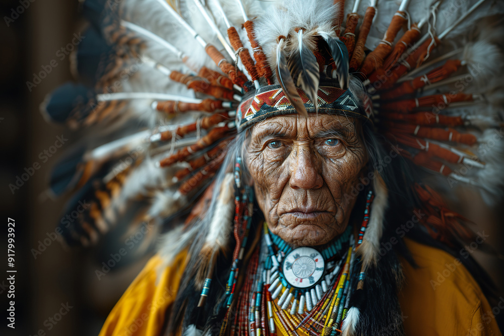Obraz premium American Indian Elder, with his typical clothing, and his large feather crown.