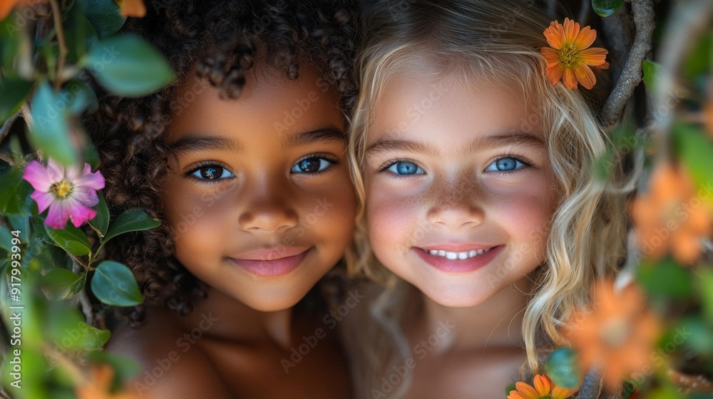Fototapeta premium Two adorable children in nature - generative ai