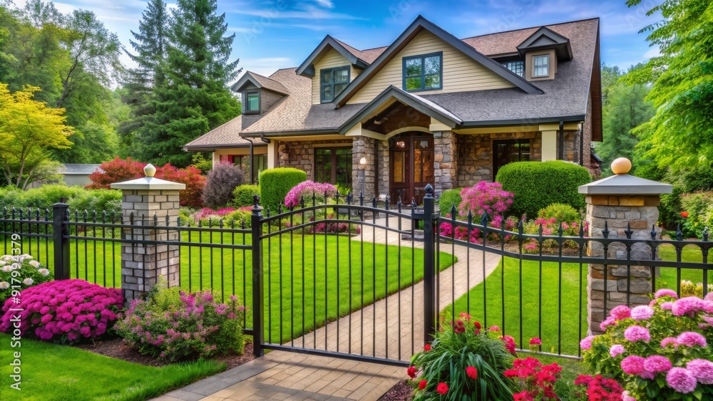 Cozy suburban house with strong iron gate, lush green lawn, and blooming flowers, conveying a sense of security, comfort, and peaceful living. Cozy suburban house with strong iron gate, lush green lawn, and blooming flowers, conveying a sense of security, comfort, and peaceful living.