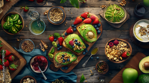 healthy food table top view featuring avocado toast, fresh fruits like strawberries and blueberries, bowls of yogurt with granola and nuts, directly above view, all arranged on a rustic wooden table.