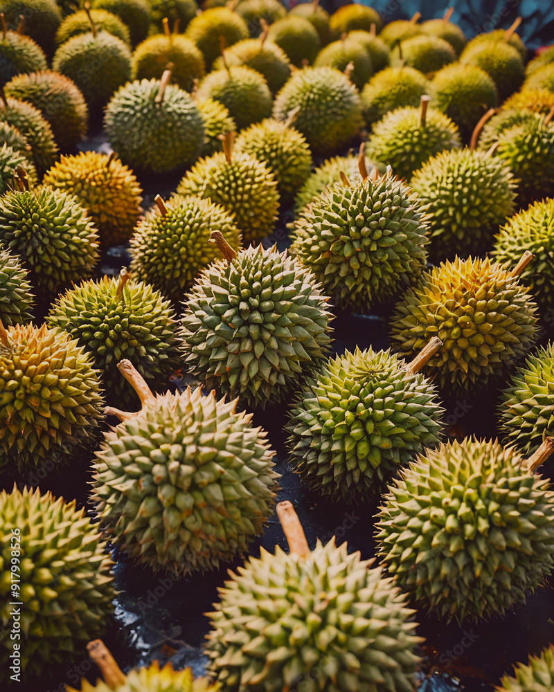 Obraz premium A large group of durians are displayed in a garden, 3d rendering, 3d illustration