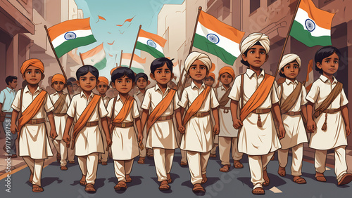 A group of children dressed as indian freedom fighters marching on independence day photo