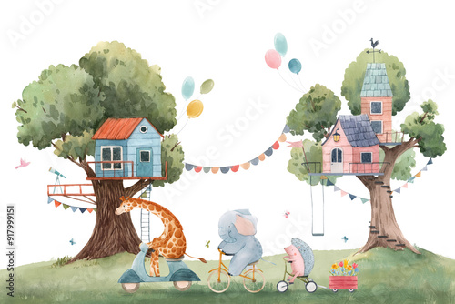 Beautiful kid mural with composition of watercolor hand drawn tree houses and cute forest animals. Stock childish illustration.