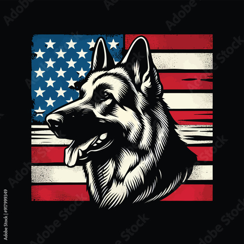 German Shepherd Dog With American Flag