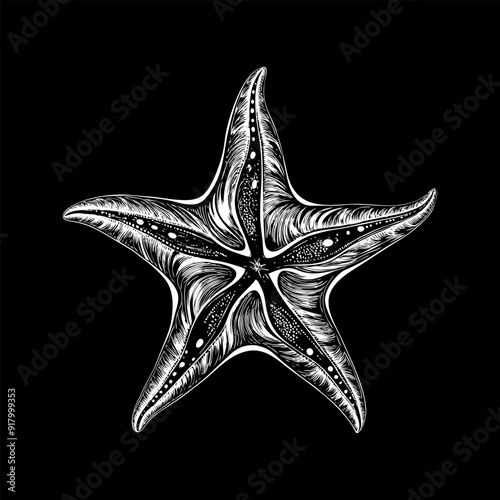 starfish engraving black and white outline