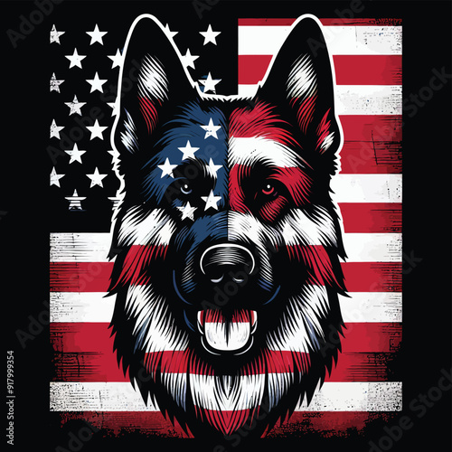 German Shepherd Dog With American Flag