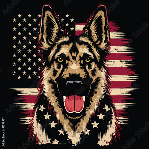German Shepherd Dog With American Flag