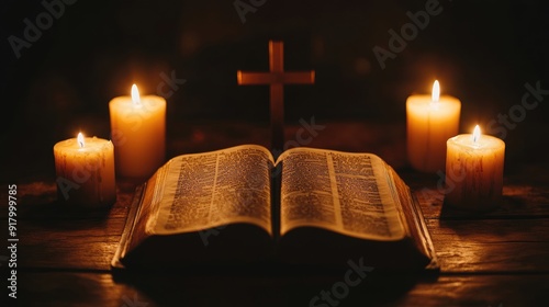 Wallpaper Mural An open Bible with a cross at the center, surrounded by candlelight on a wooden table, conveying the essence of Christian faith. Torontodigital.ca