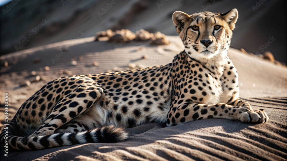 Fototapeta premium Cheetah rest on sand looking around on dune 
