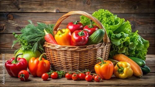 Fresh harvested colorful vegetables arranged in a wicker basket, including cherry tomatoes, bell peppers, carrots, lettuce, and cucumbers, against a rustic wooden background.