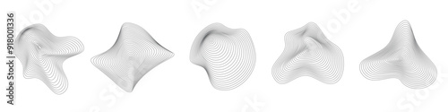 Abstract organic ripple line shape pattern vector set. Topography circles. Liquid irregular rings. Fluid geometric shapes. Dynamic wavy black forms isolated on white background. Graphic flow elements