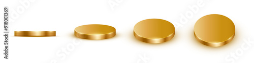 Gold podiums. Golden 3d round metal platforms for product presentation or winner award ceremony in different angles view. Set of luxury empty stages on white background. Realistic vector illustration.