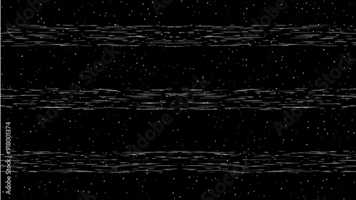 Glitch noise effect on tv screen. Abstract white grain stripes on black computer monitor background. Broken black VHS retro display with flickering. Retro digital technology vector illustration.