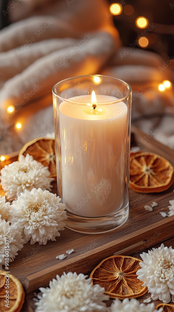 Blank clear straight candle glass on a wooden surface with minimalist silver ornaments Blank clear straight candle glass on a wooden surface with minimalist silver ornaments
