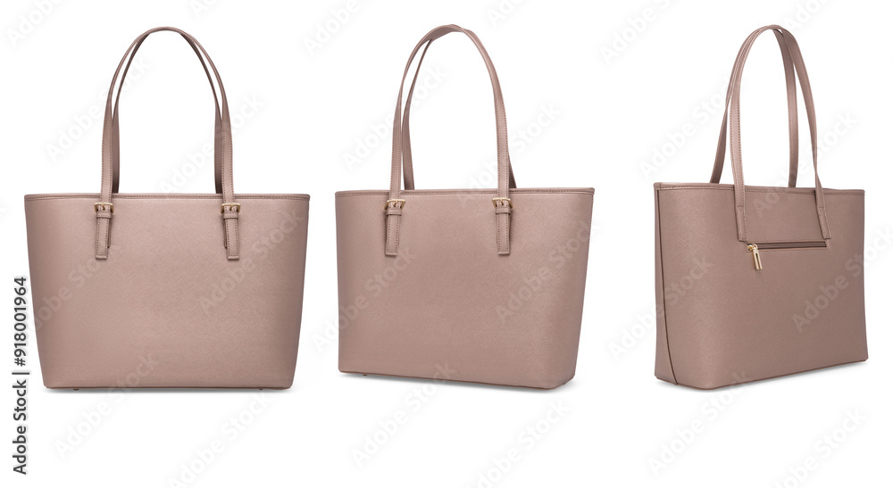 Group of women's fashion beige purse handbag isolated on white background. Grey leather unisex casual shoulder bag. High resolution photo product - Stock photo