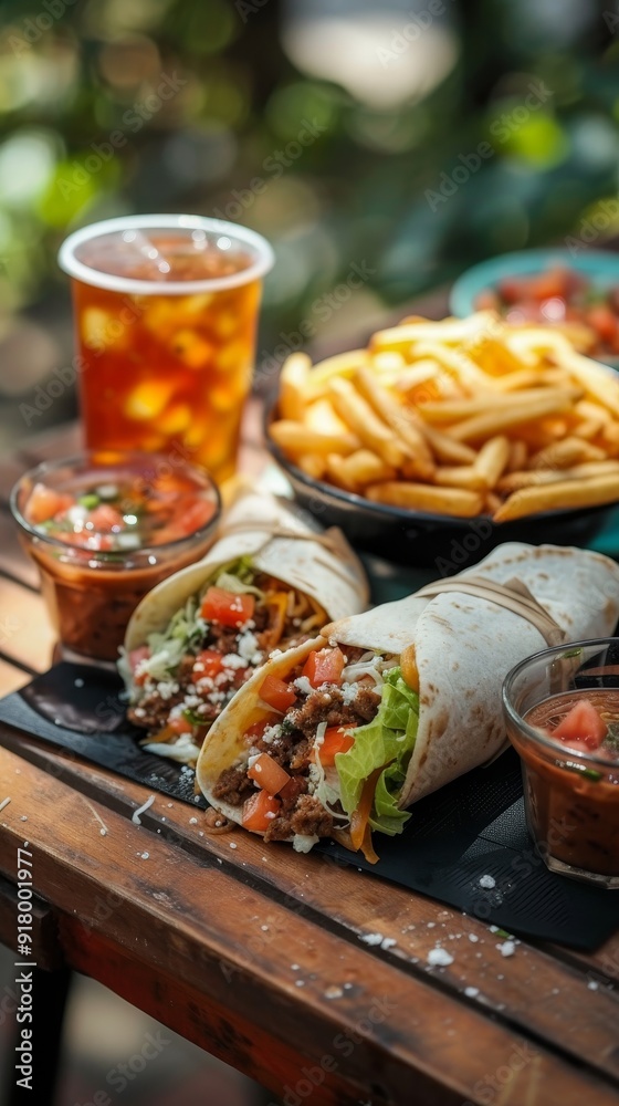 Delicious Chicken Drum Roll and Chicken Wings with french Fries and Soft Drinks Delicious Chicken Drum Roll and Chicken Wings with french Fries and Soft Drinks