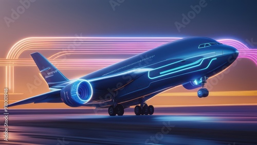 A sleek futuristic airplane on a runway surrounded by glowing lines and purple neon lights. (145 characters)