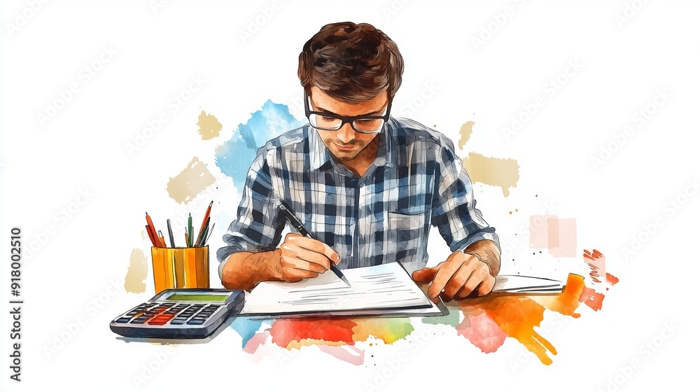 3D Watercolor Illustration: Business Owner Writing in New Account 3D Watercolor Illustration: Business Owner Writing in New Account