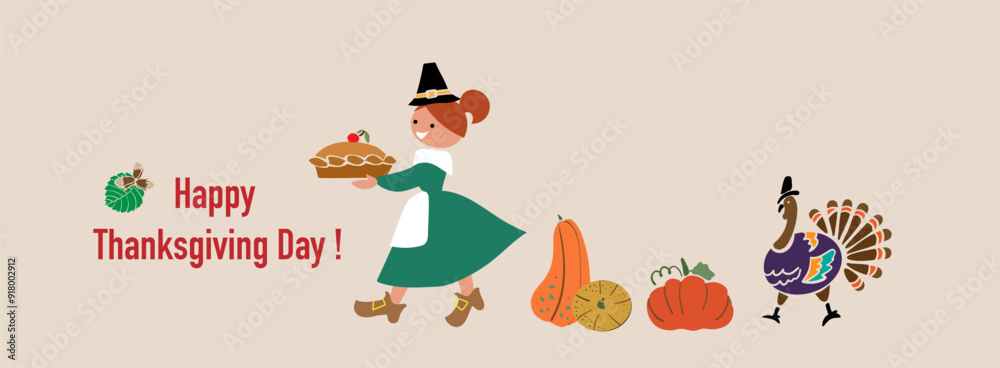 Fototapeta premium Decorative design Thanksgiving with seasonal elements, girl and turkey. For banners, cards, posters and invitations.