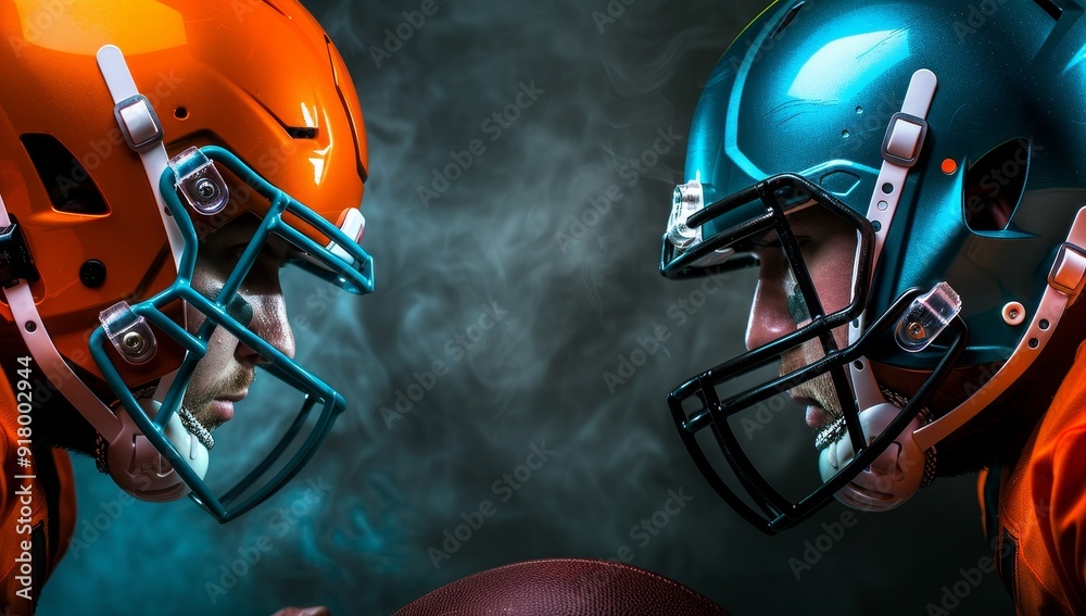 Naklejka premium Two Football Helmets Facing Each Other – Abstract Digital Background