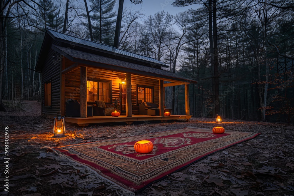 Obraz premium Cozy Autumn Evening at a Rustic Cabin Surrounded by Fall Foliage and Lanterns