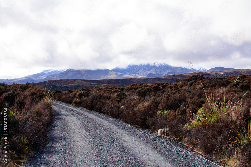 Gravel track curving through desolated high land field in Central Plateau of New Zealand. Snow blanketed volcanic cone of Mount Ngauruhoe covered by low clouds. Tongariro National Park, North Island Gravel track curving through desolated high land field in Central Plateau of New Zealand. Snow blanketed volcanic cone of Mount Ngauruhoe covered by low clouds. Tongariro National Park, North Island