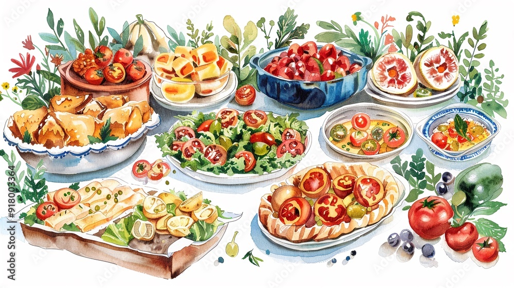Potluck dinner with a variety of homemade dishes,Clipart, watercolor illustration, Perfect for nursery art The style is hand drawn, white background Potluck dinner with a variety of homemade dishes,Clipart, watercolor illustration, Perfect for nursery art The style is hand drawn, white background