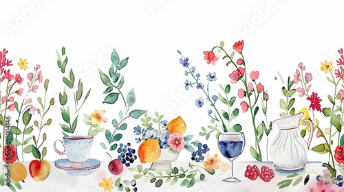 Garden dinner party with floral decorations,Clipart, watercolor illustration, Perfect for nursery art The style is hand  drawn, white background