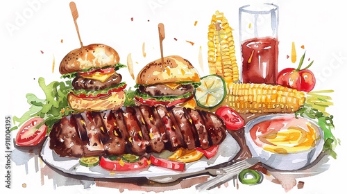 Summer barbecue dinner with grilled corn and burgers,Clipart, watercolor illustration, Perfect for nursery art The style is hand  drawn, white background photo