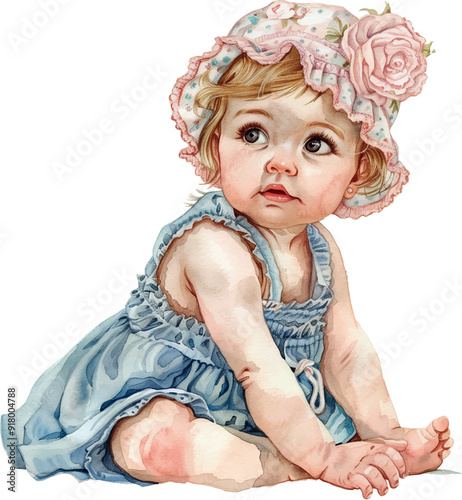 Cute little girl in a blue dress and a panama, pencil drawing