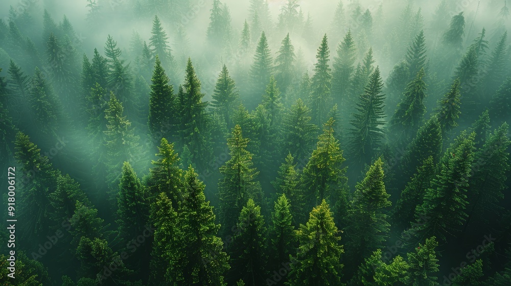 Aerial view of dense evergreen forest shrouded in mist during early morning light