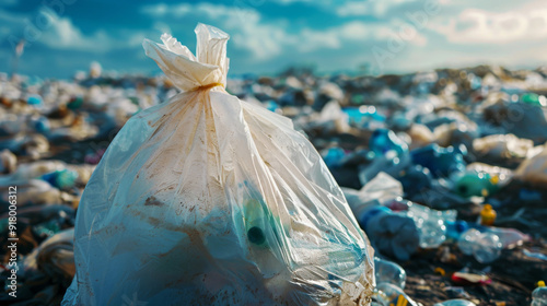 Mountains of garbage, plastic bags and pollution problem as a result of mass consumption, copy space