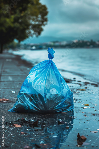 Plastic bag with other trash dumped in the water near a town, pollution as a environment problem
