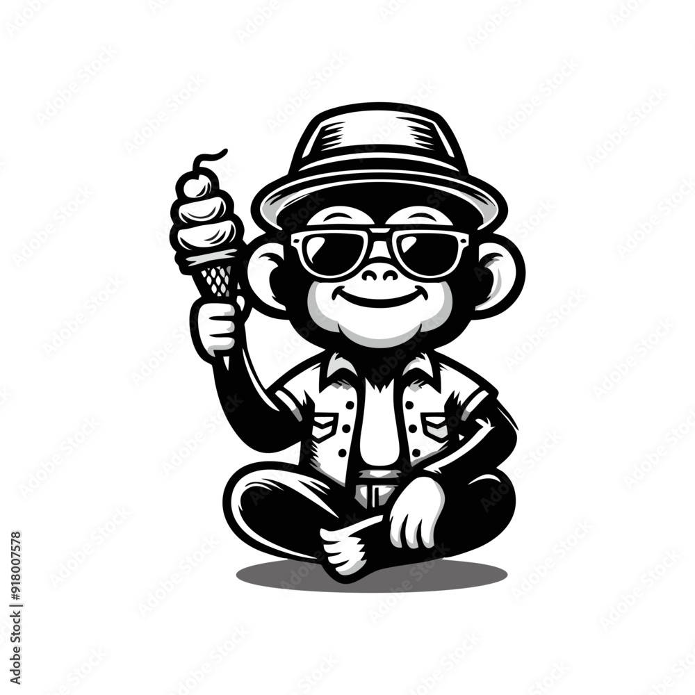 Naklejka premium cute monkey logo holding ice cream. Cute monkey with ice cream