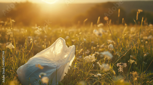 Plastic bag with waste on a blooming field with sunlights as a symbol of pollution and eco problem