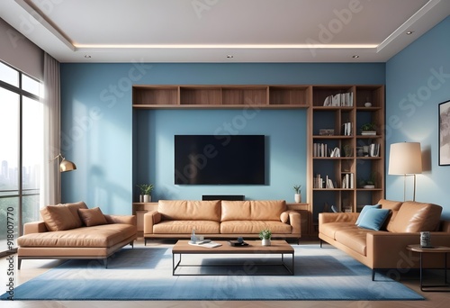 A living room with a blue wall and a painting of a bird on the wall Photo modern style interior room 3d illustration