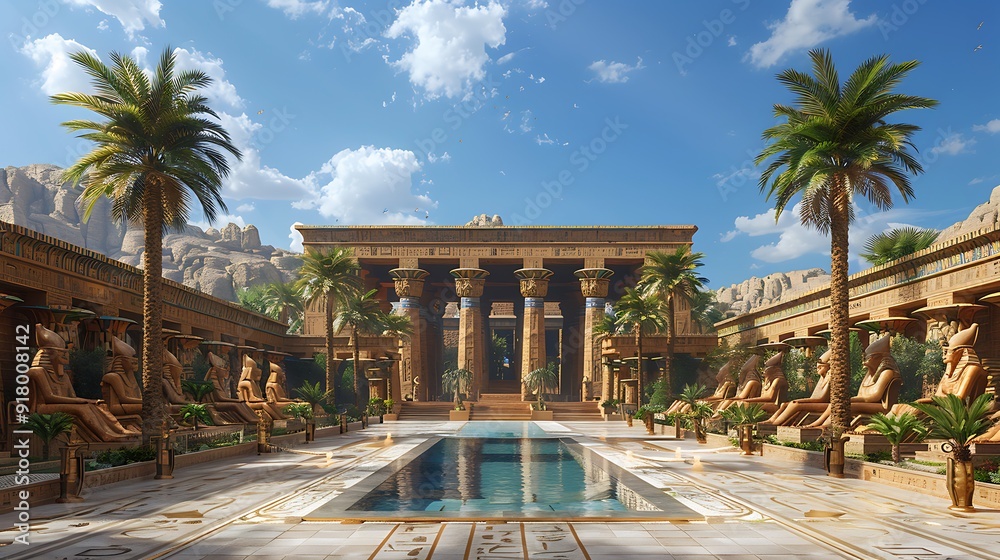 Ancient Egyptian temple complex, hieroglyphs and colossal statues ...