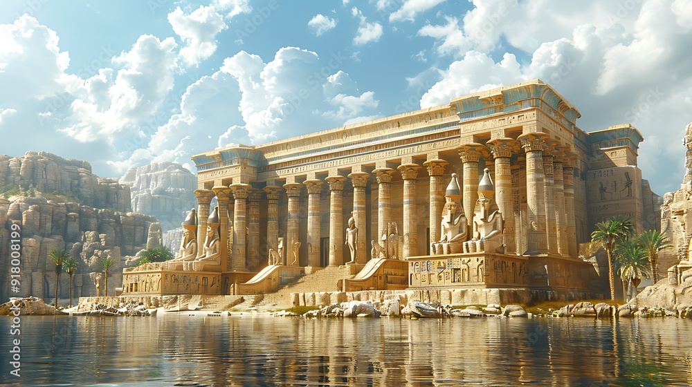 Ancient Egyptian temple complex, hieroglyphs and colossal statues ...