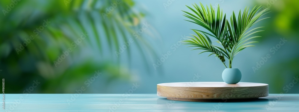 Wooden round table with green jungle forest background for product display presentation Wooden round table with green jungle forest background for product display presentation