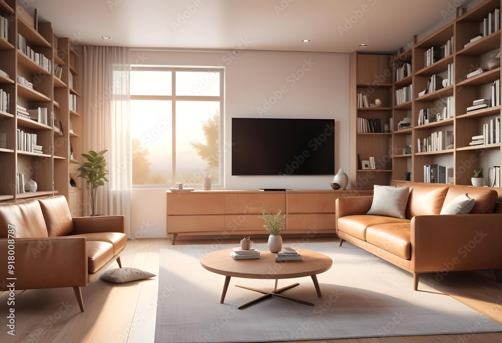 A living room with a blue wall and a painting of a bird on the wall Photo modern style interior room 3d illustration